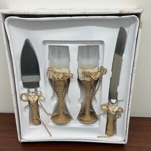 Elegant Twine Wrapped Champagne Flute and Cake Serving Set